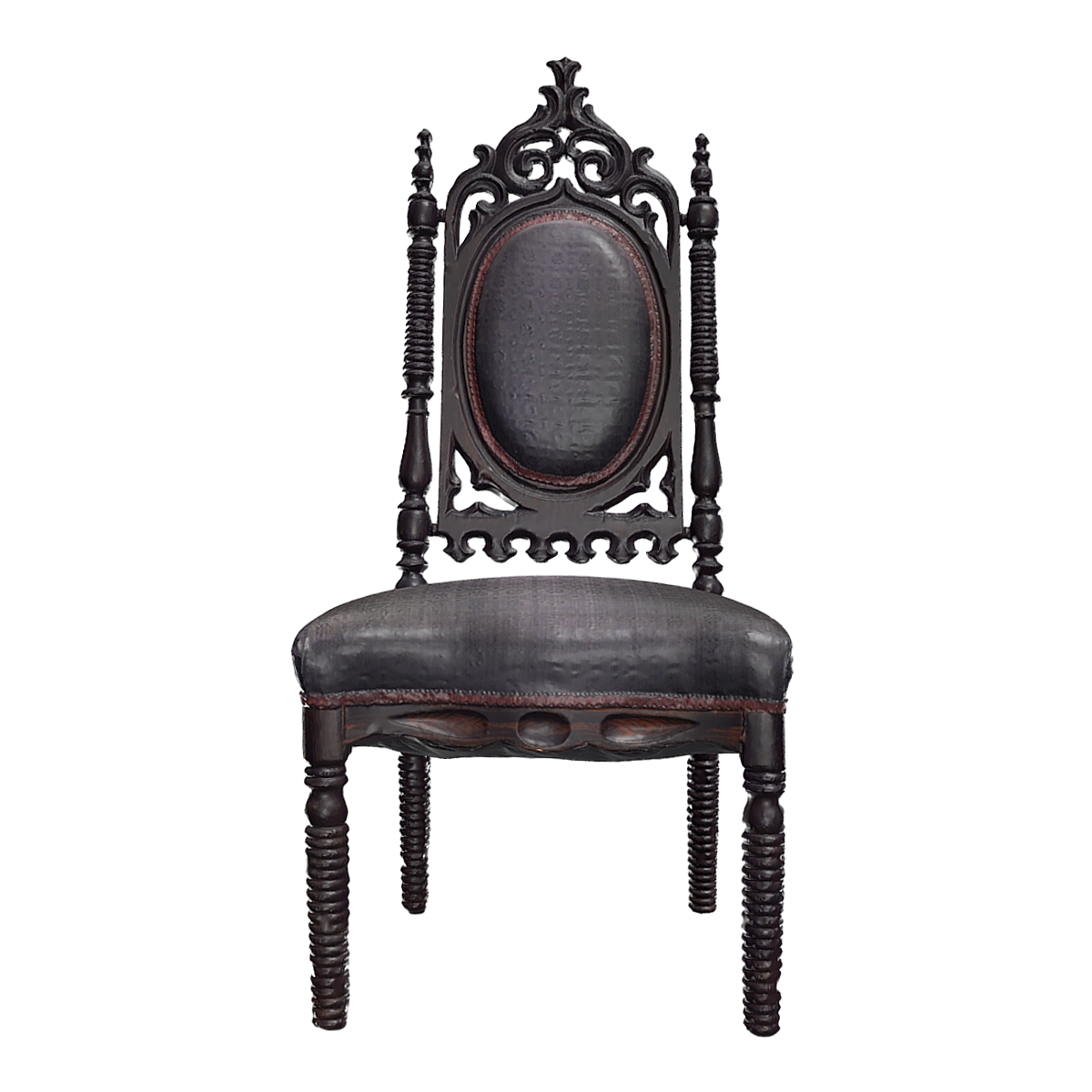 Gothic Ebony Solid Wood Carved Black Fabric Cushion Backrest Chair High Back Chair