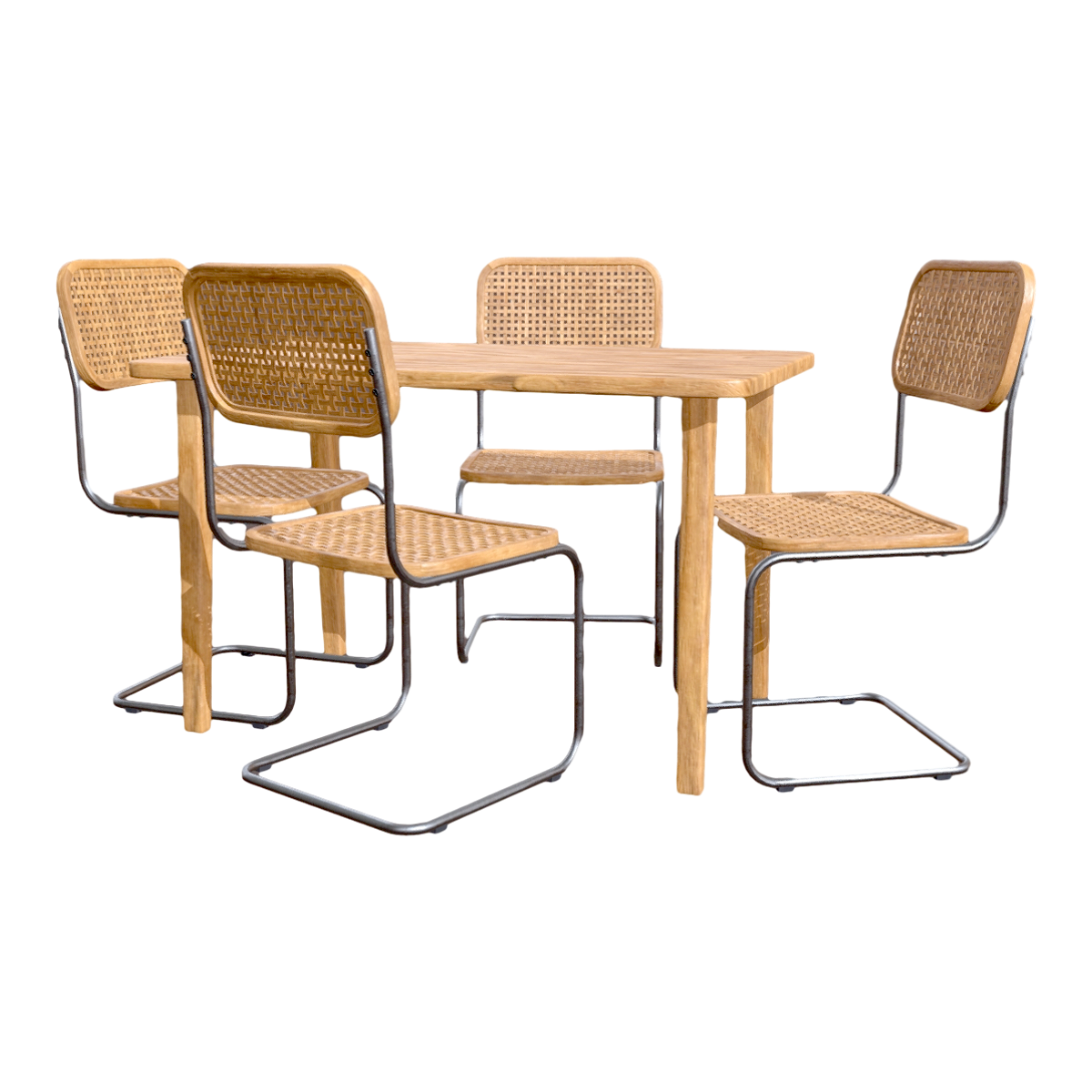 Indoor Outdoor Metal Brown Oak Solid Wood Rattan Party Dining Square Table Backrest Chair Table and Chair Combination