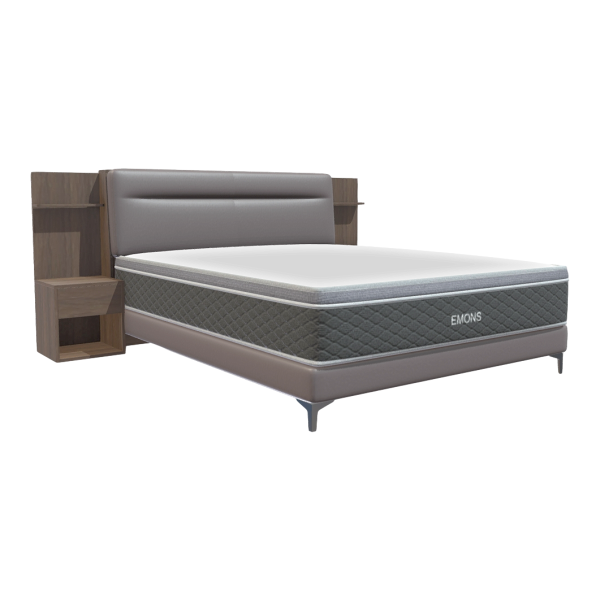 Italian Bedroom Brown Leather Backrest Double Bed Black Walnut Solid Wood Bedside Table