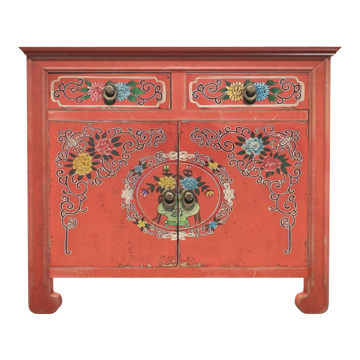 Mongolian Solid Wood Red Paint Characteristic Painted Drawer Cabinet Double Door Cabinet Storage Cabinet