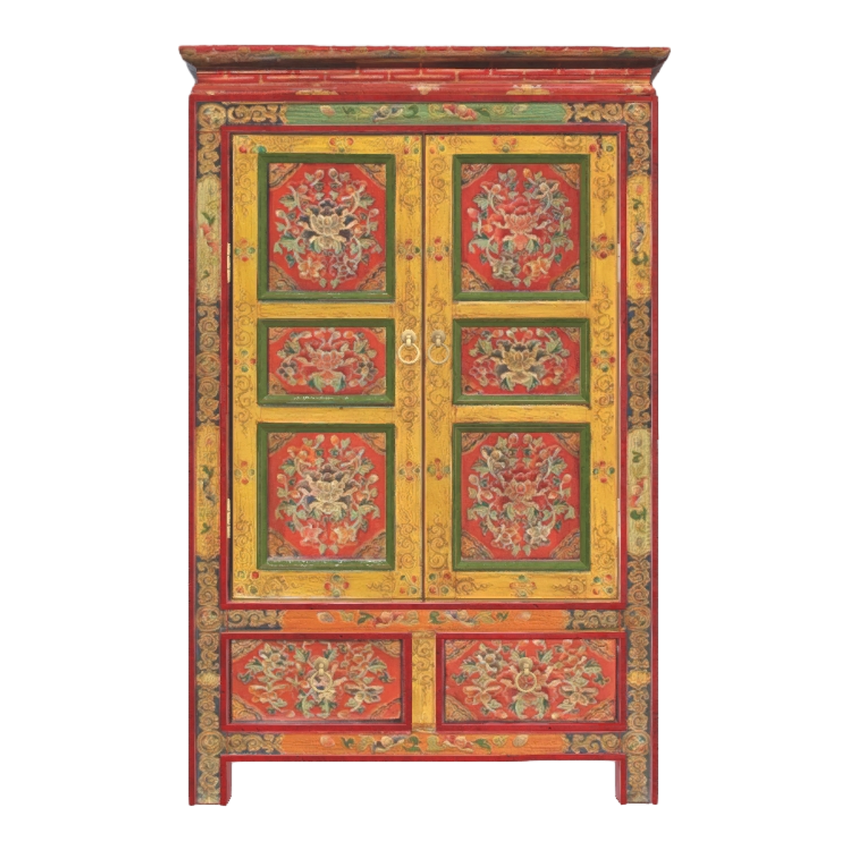 Chinese Country Classical Oak Solid Wood Carved Red Paint Painted Double Door Cabinet Drawer Cabinet Shelf Cabinet