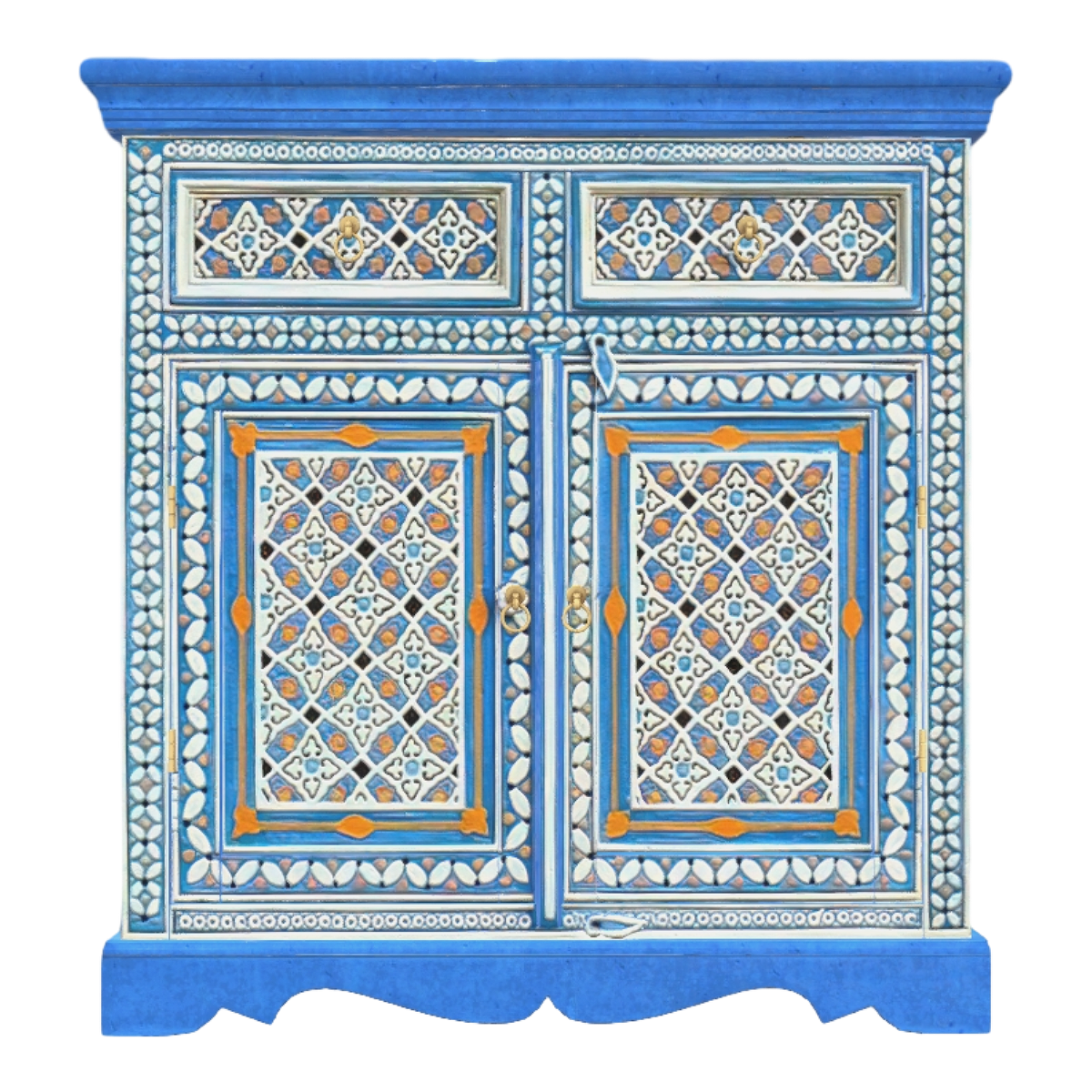 American Style Country Vintage Solid Wood Carving Blue Paint Painted Drawer Cabinet Double Door Cabinet Storage Cabinet