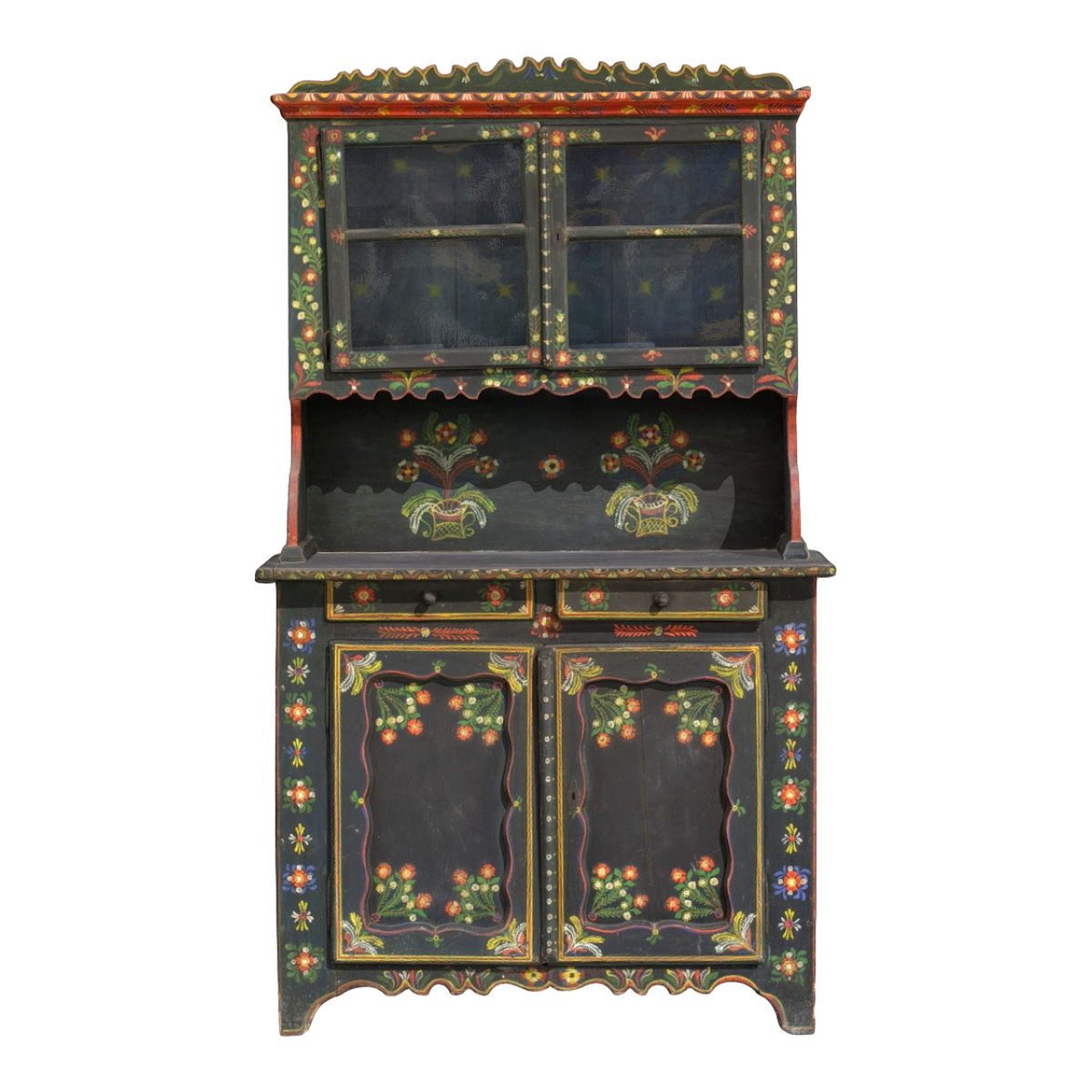 American Country Oak Solid Wood Carving Black Paint Stained Glass Double Door Cabinet-Cabinet