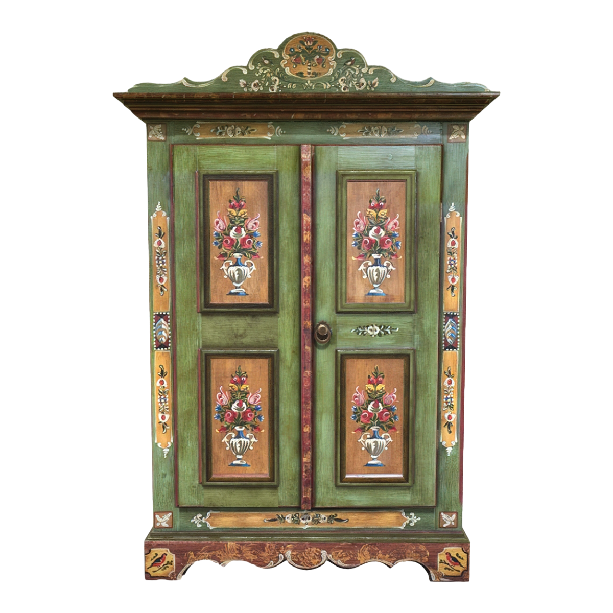 American Country Metal Grip Oak Solid Wood Carved Green Paint Painted Double Door Wardrobe