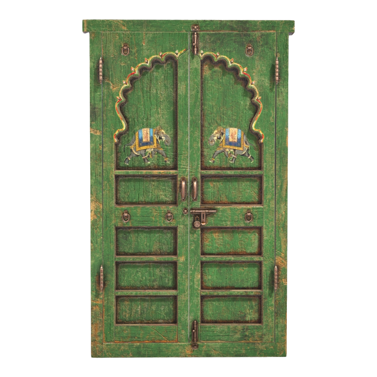 India old metal parts oak solid wood green paint iron lock wooden door