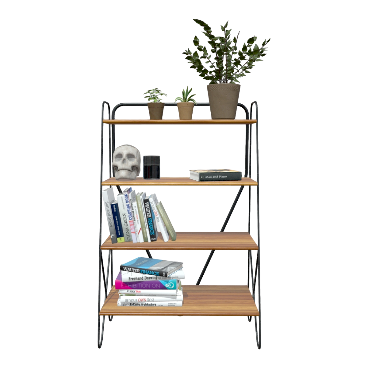 Living room stainless steel metal bracket black walnut solid wood four-layer multi-function bookshelf storage rack
