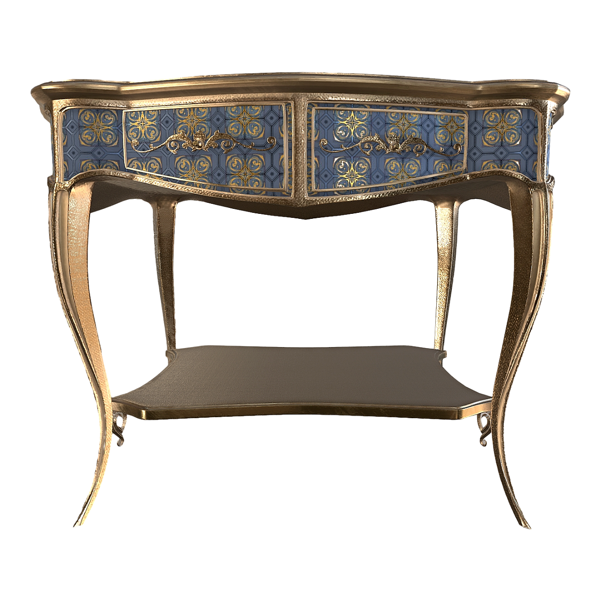 French Light Luxury Double Layer Full Metal Carved Blue Pattern Drawer Table Entrance Table-Blue Pattern Metal Table