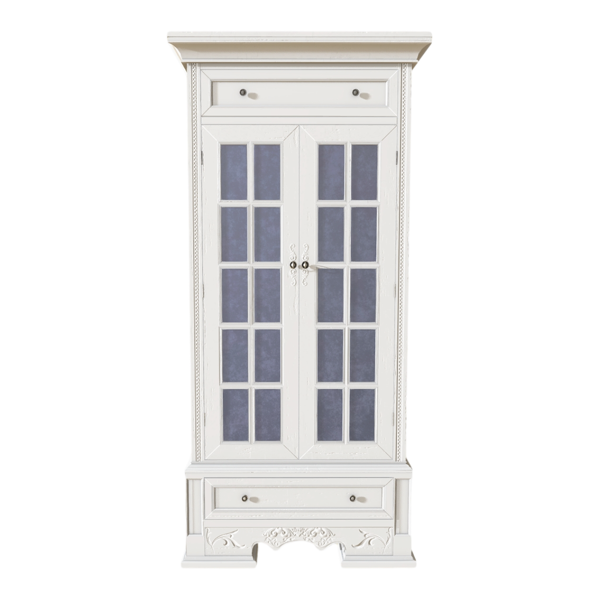 American Style Living Room Bedroom Metal Grip Solid Wood Carved White Paint Dipped Glass Double Door Cabinet Drawer Cabinet Wardrobe