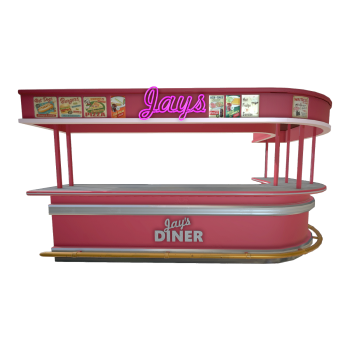 Restaurant curved metal point single counter front desk reception table neon lights