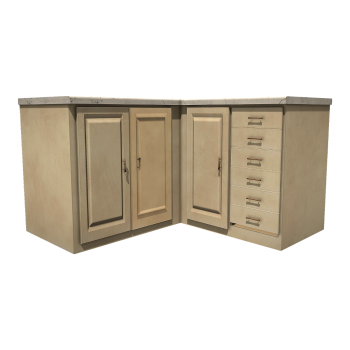 Kitchen beige marble frame, white patterned marble tabletop, L-shaped corner sink cabinet, single and double door drawer cabinet