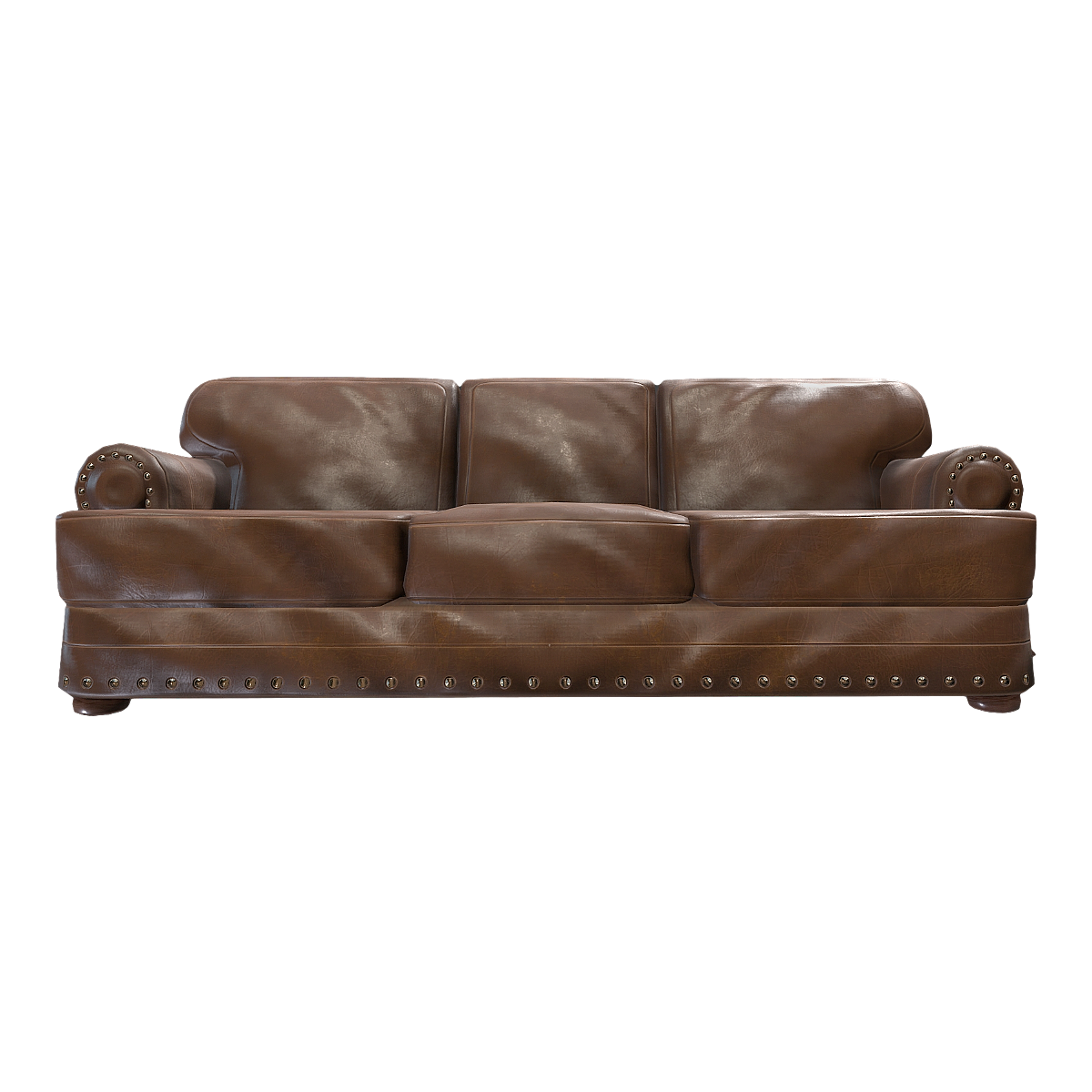 American countryside black walnut solid wood four legged base, dark brown leather, three person backrest armrest, tofu block sofa - three person sofa