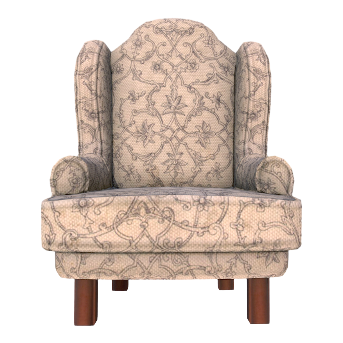 French style red walnut solid wood four legged base, apricot patterned fabric, single person backrest armrest, high back sofa chair