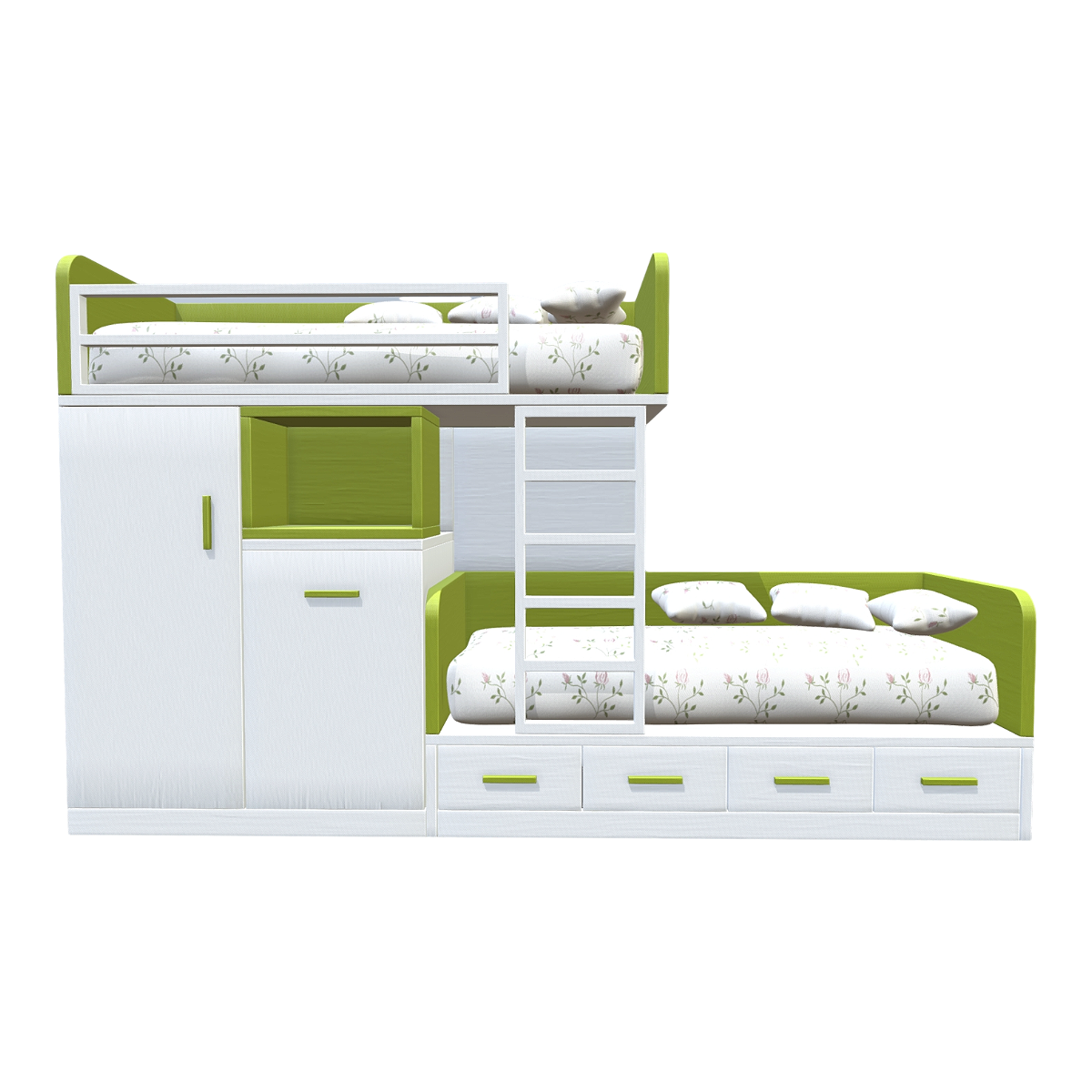 Modern children's bedroom solid wood white green dual color paint multifunctional up and down stairs single door drawer cabinet double bed