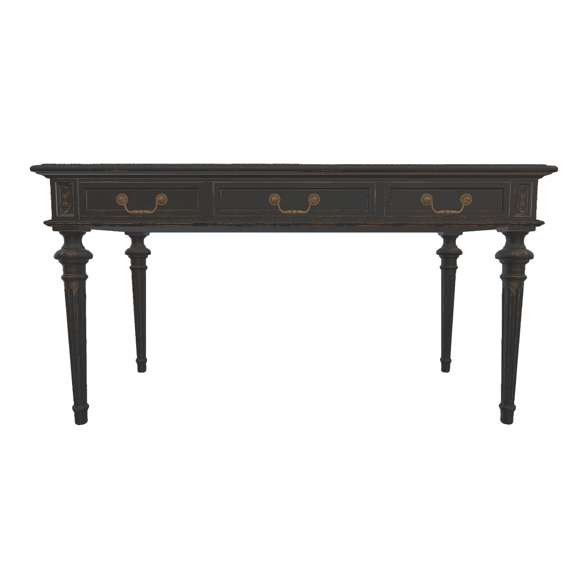 American style metal handle solid wood black paint carved office desk, square desk, drawer desk - solid wood black paint desk