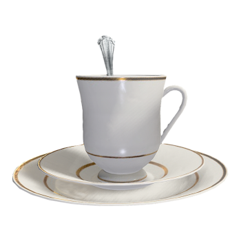 American white ceramic gold edged coffee cup, double-layer cup plate, stainless steel metal spoon - coffee cup