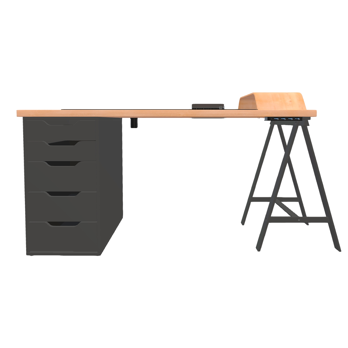 Modern bedroom single-sided metal bracket five layer cabinet oak solid wood desktop multifunctional with socket USB port office desk drawer table