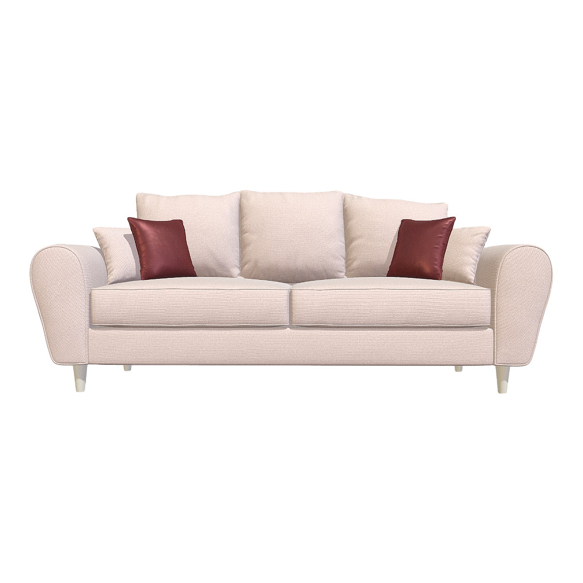 Nordic living room metal sofa with cherry colored fabric legs, double backrests, armrests, and armchairs. Sofa