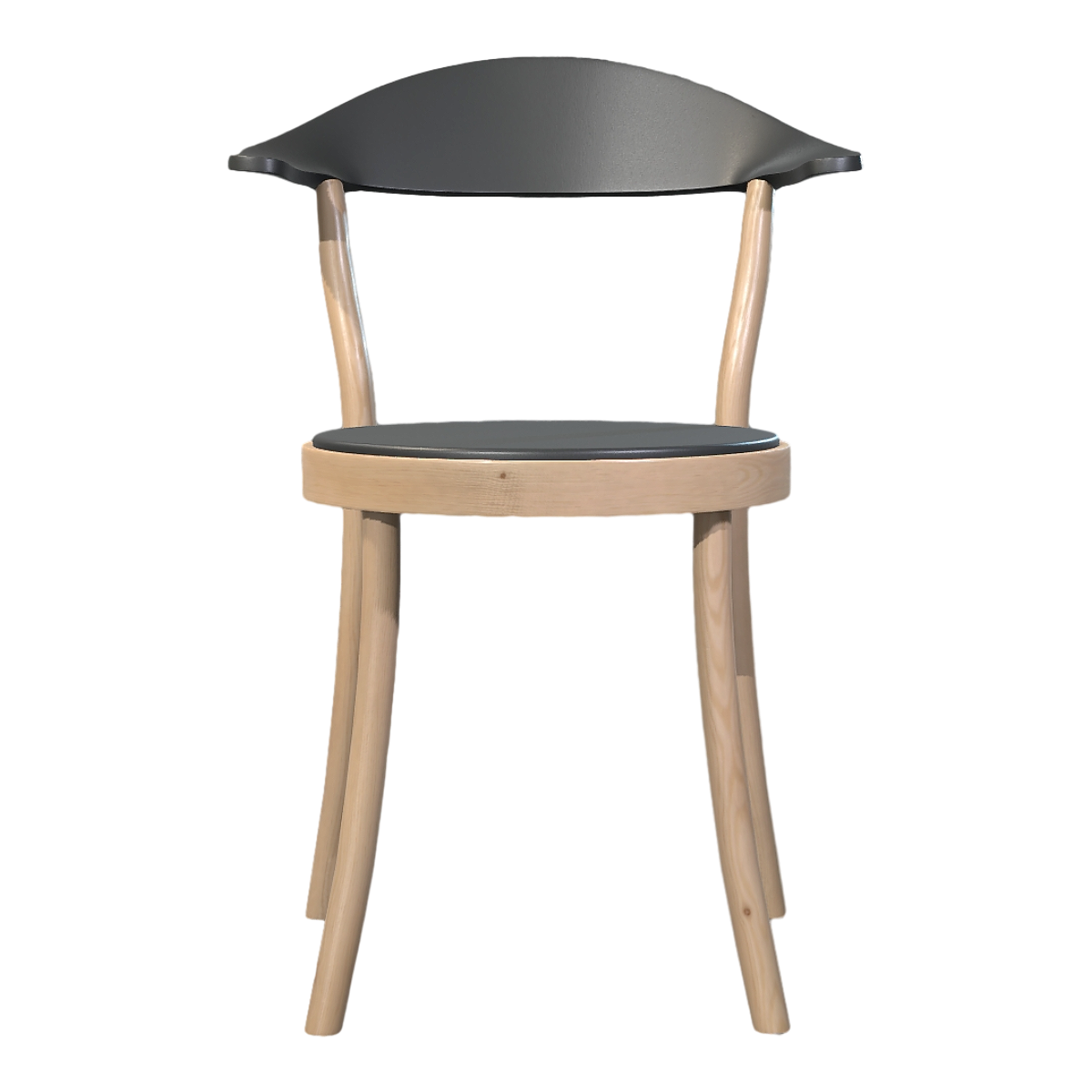 American oak solid wood four legged base frame, black leather single seat cushion hollow design, backrest horn chair, dining chair