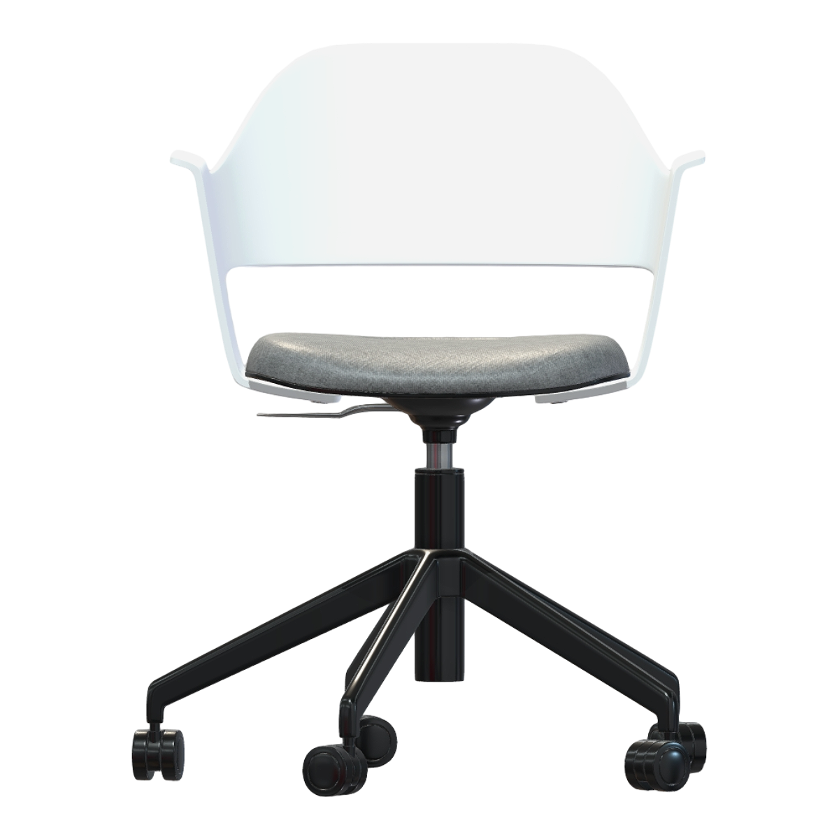 IKEA metal five legged base bracket gray fabric single seat cushion white plastic hollow design backrest armchair