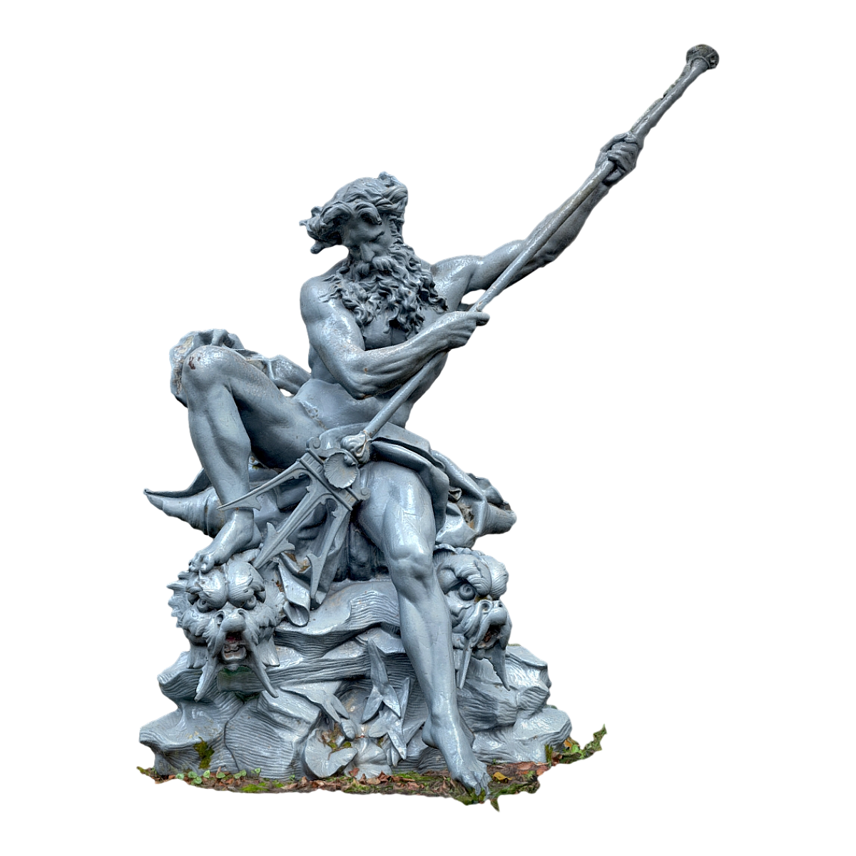 Poseidon, the ancient Greek sea king, is depicted in blue bronze with a full body