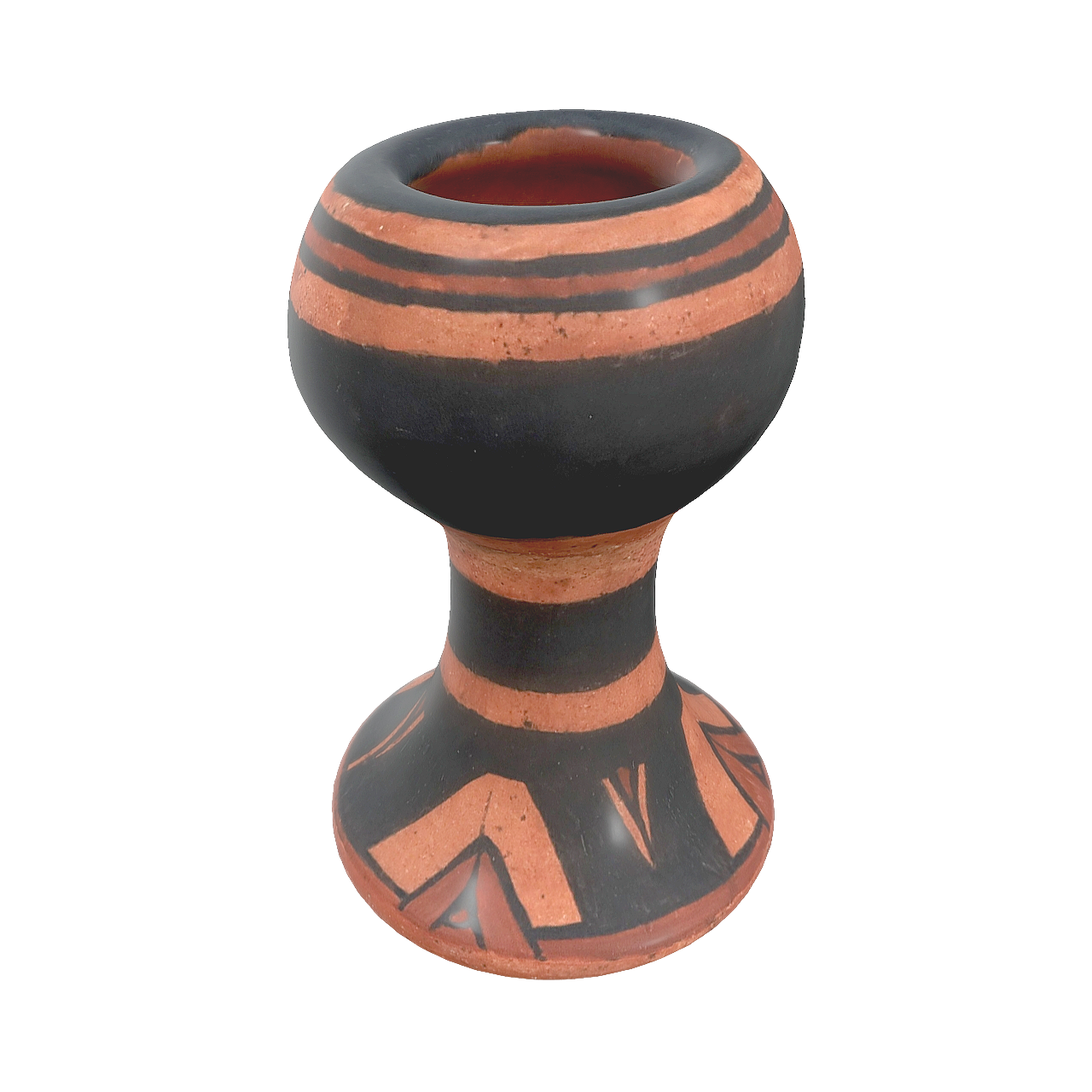 A pottery jar with a red background, black lines, and a base